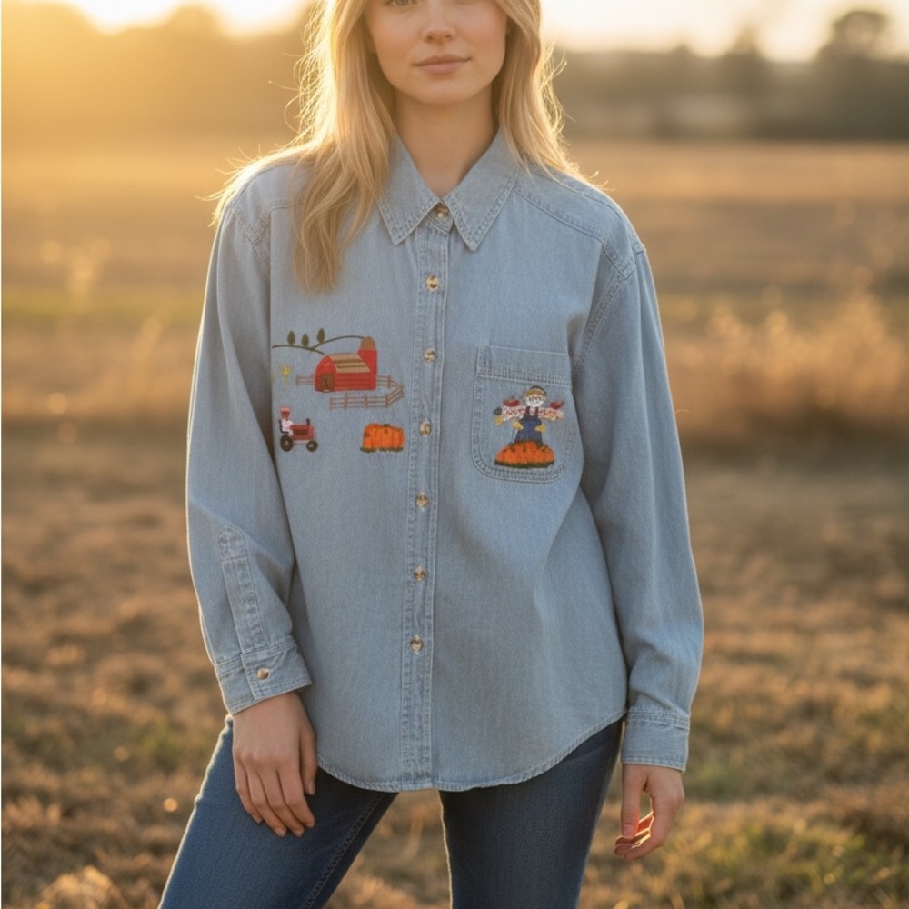 VINTAGE 90s Solutions chambray button down long sleeve fall/autumn theme Med P